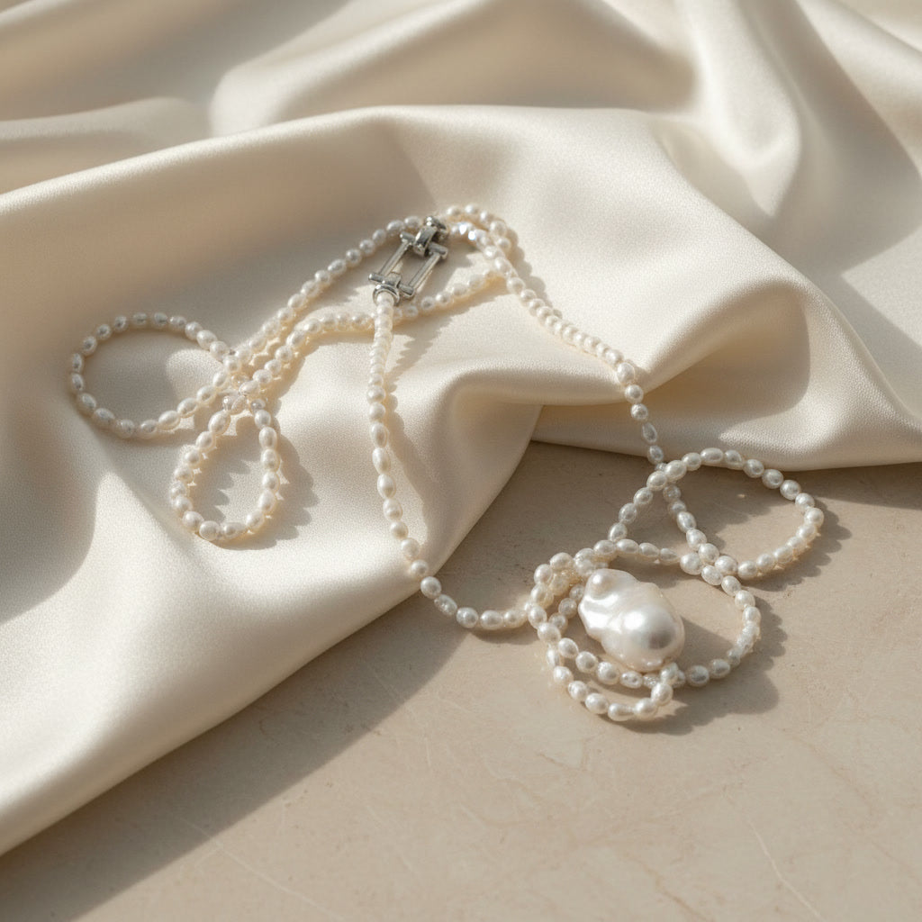 Seraphina double-layer baroque and seed pearl necklace on cream silk with sterling silver box clasp