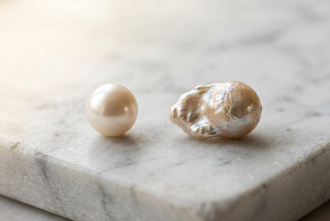 Solid nacre baroque freshwater pearl next to round pearl on marble — Laevié Jewelry