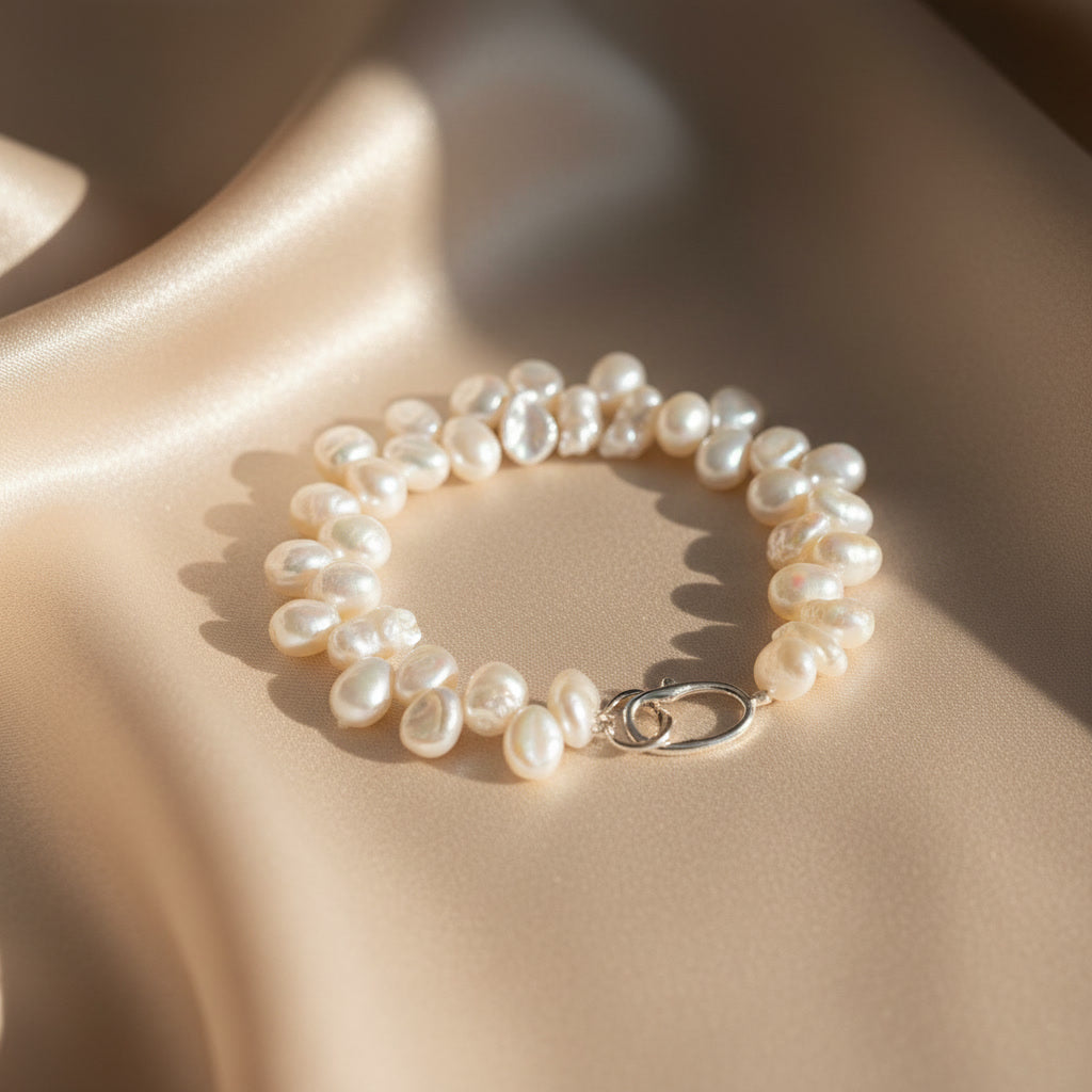 Laevie Flora Keshi Petal Pearl Bracelet with Organic Statement Clasp