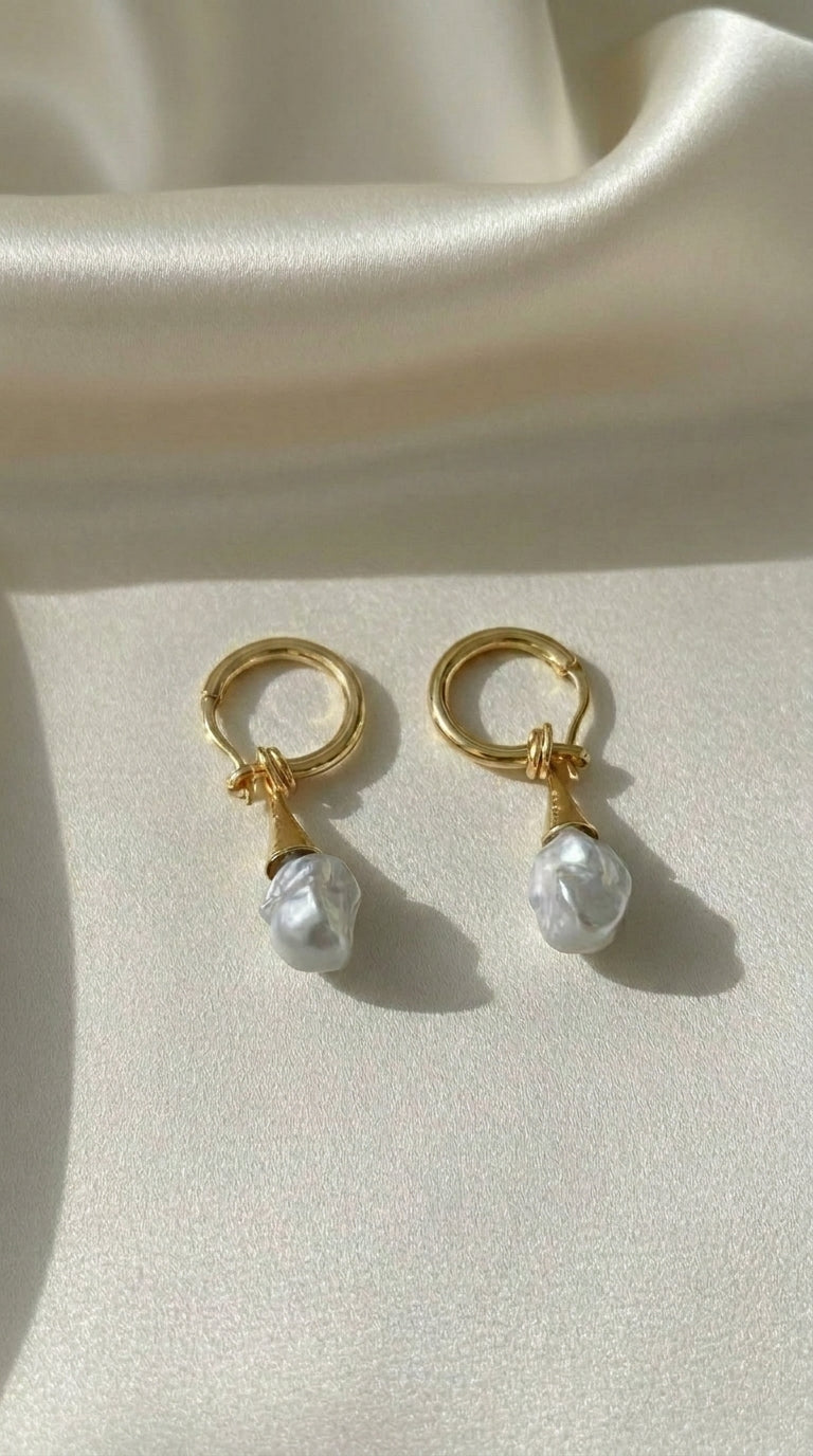 Laevie Athena Baroque Pearl Drop Hoop Earrings