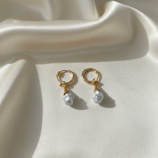 Laevie Athena Baroque Pearl Drop Hoop Earrings