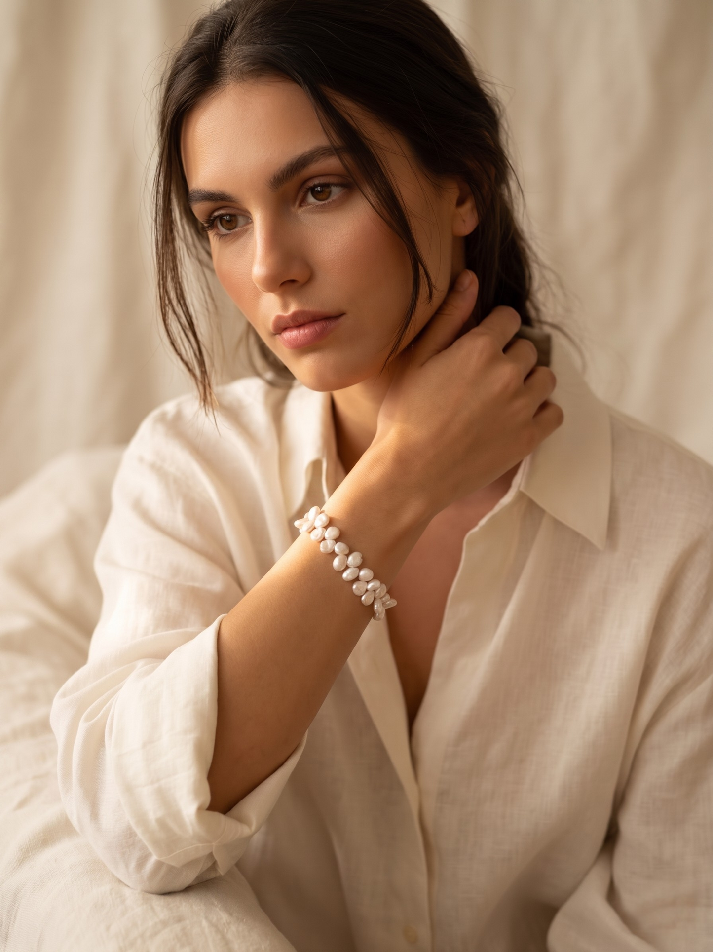 Laevie Flora Keshi Petal Pearl Bracelet with Organic Statement Clasp