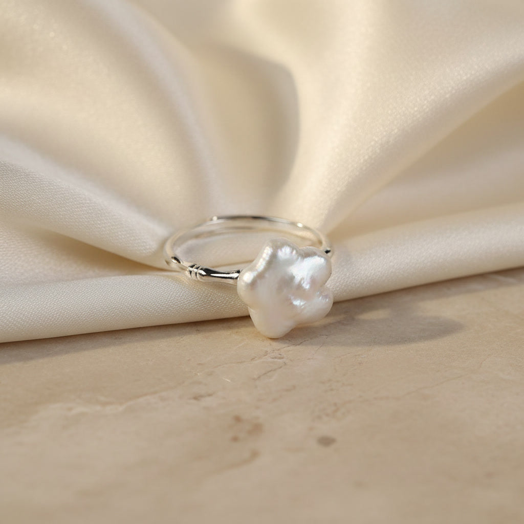 Laevié Stella baroque pearl statement ring, lobed white baroque pearl on a slim sterling silver band